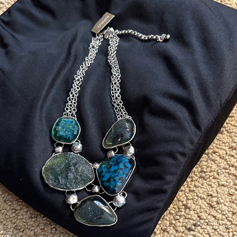 Chico's Blue and Green Multi-Stone Silver Necklace